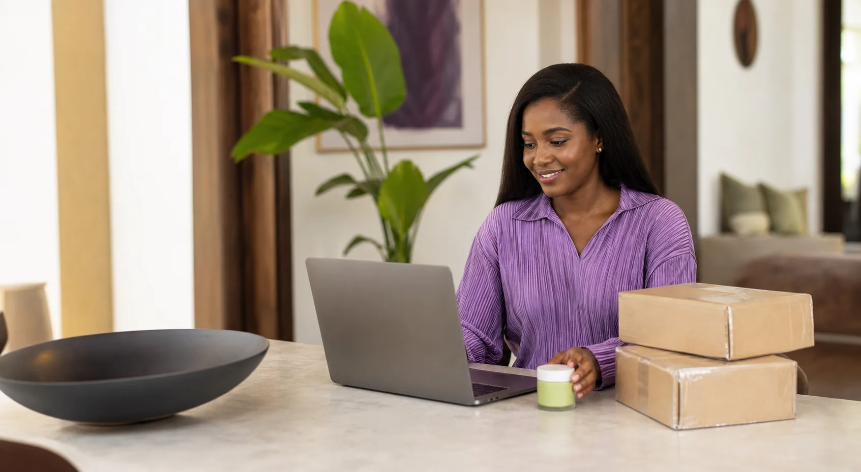 A Heron customer reviewing a product purchase at home